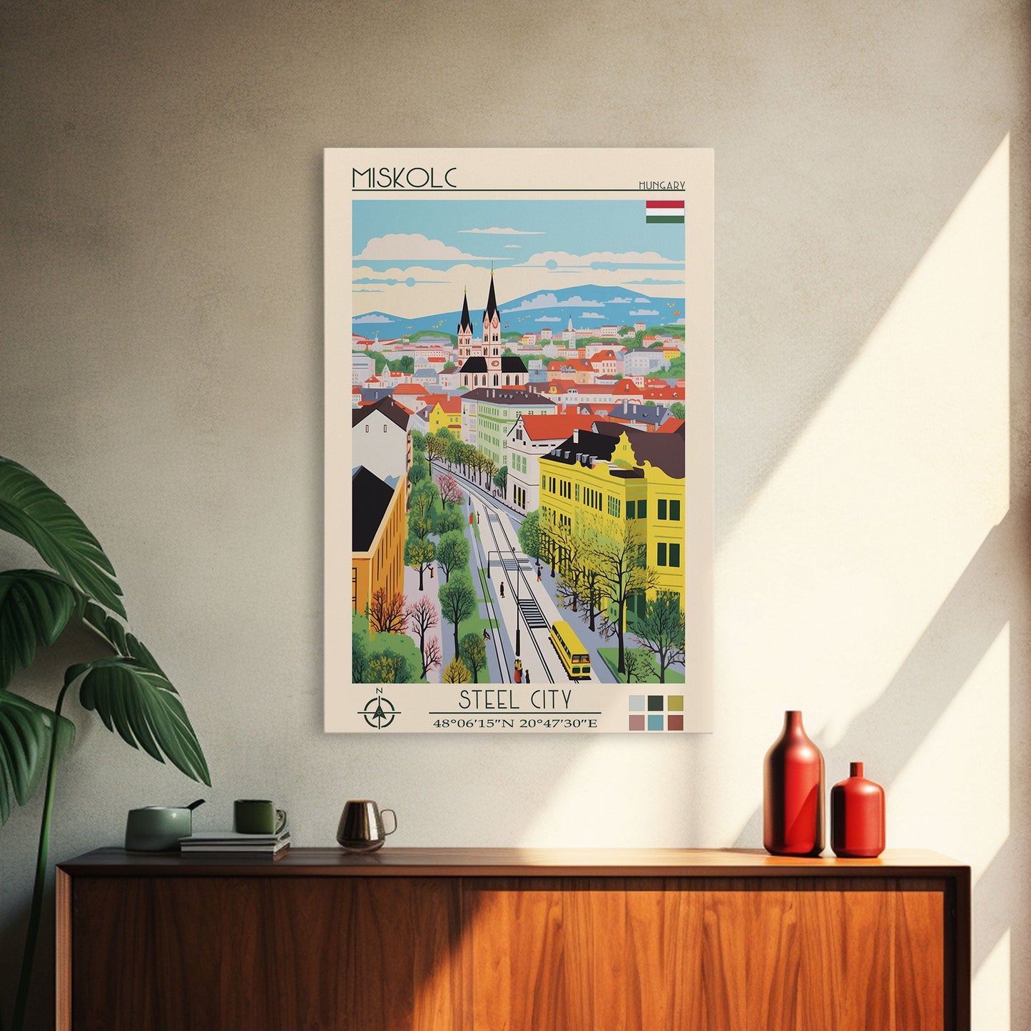 Miskolc Hungary Travel Poster Framed Canvas Print, Midcentury Modern Art, Pop Art Wall Decor, Scenic Living Room Art, Bedroom Decor
