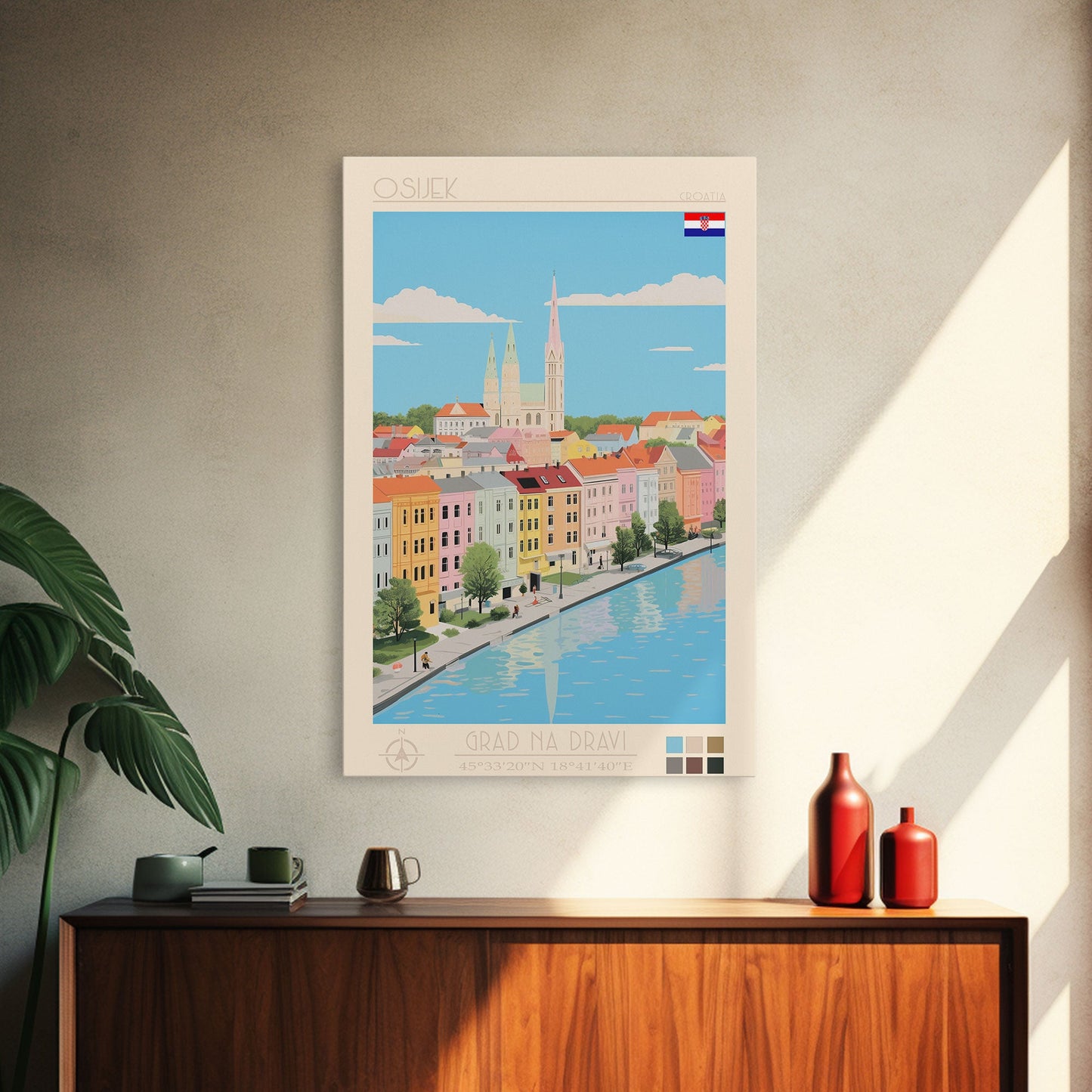 Osijek Croatia Travel Poster Framed Canvas Print, Midcentury Modern Art, Pop Art Wall Decor, Home Decor, Vacation Gift, Office Art