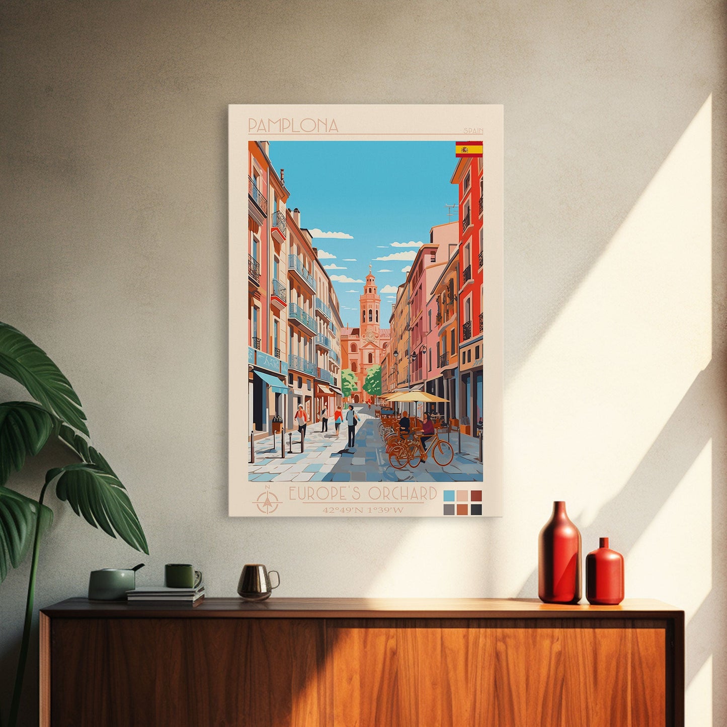 Pamplona Spain Travel Poster Framed Canvas Print, Midcentury Modern Art, Pop Art Wall Decor, Home Decor, Vacation Gift, Office Art
