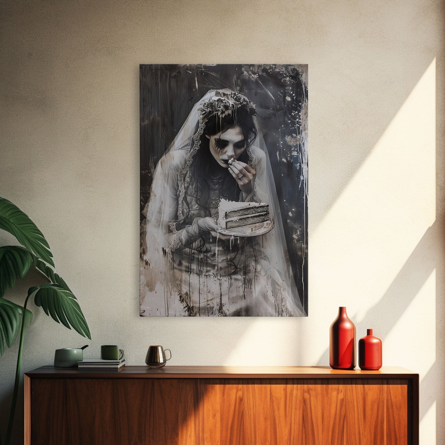 Melancholic Ghost Bride Having A Slice of Birthday Cake, Framed Canvas Print, Halloween Decor