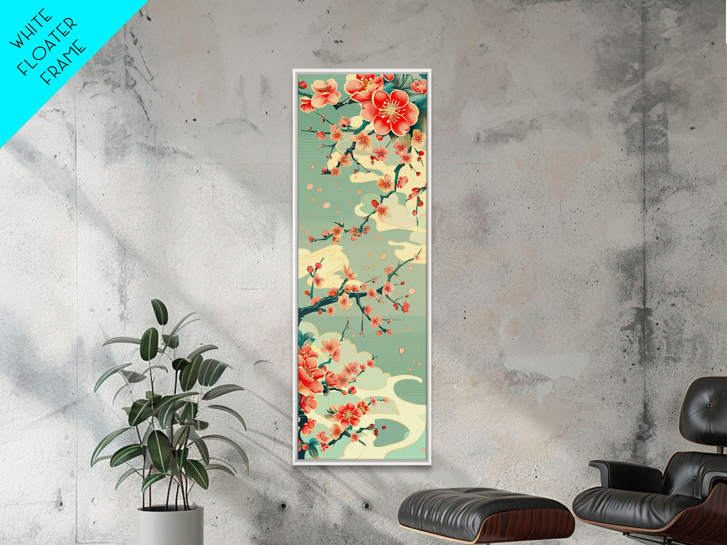 Plum Blossoms, Turquoise Sky, Japanese Art, Skinny Art, Tall Art, Framed Canvas Print, Ukiyo-e Style