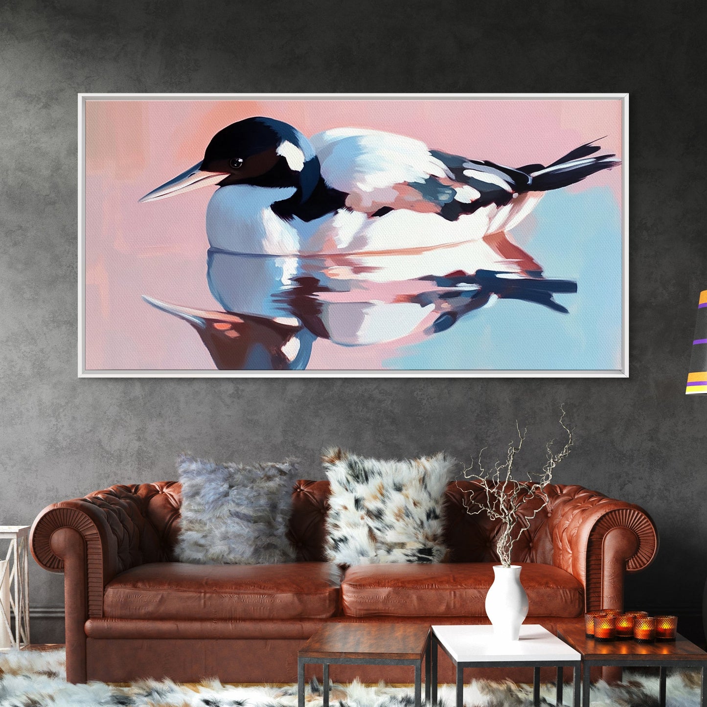 Waterfowl Reflection, bird art, lake Tahoe art, coastal painting, wildlife decor, pink orange wall art, framed canvas print