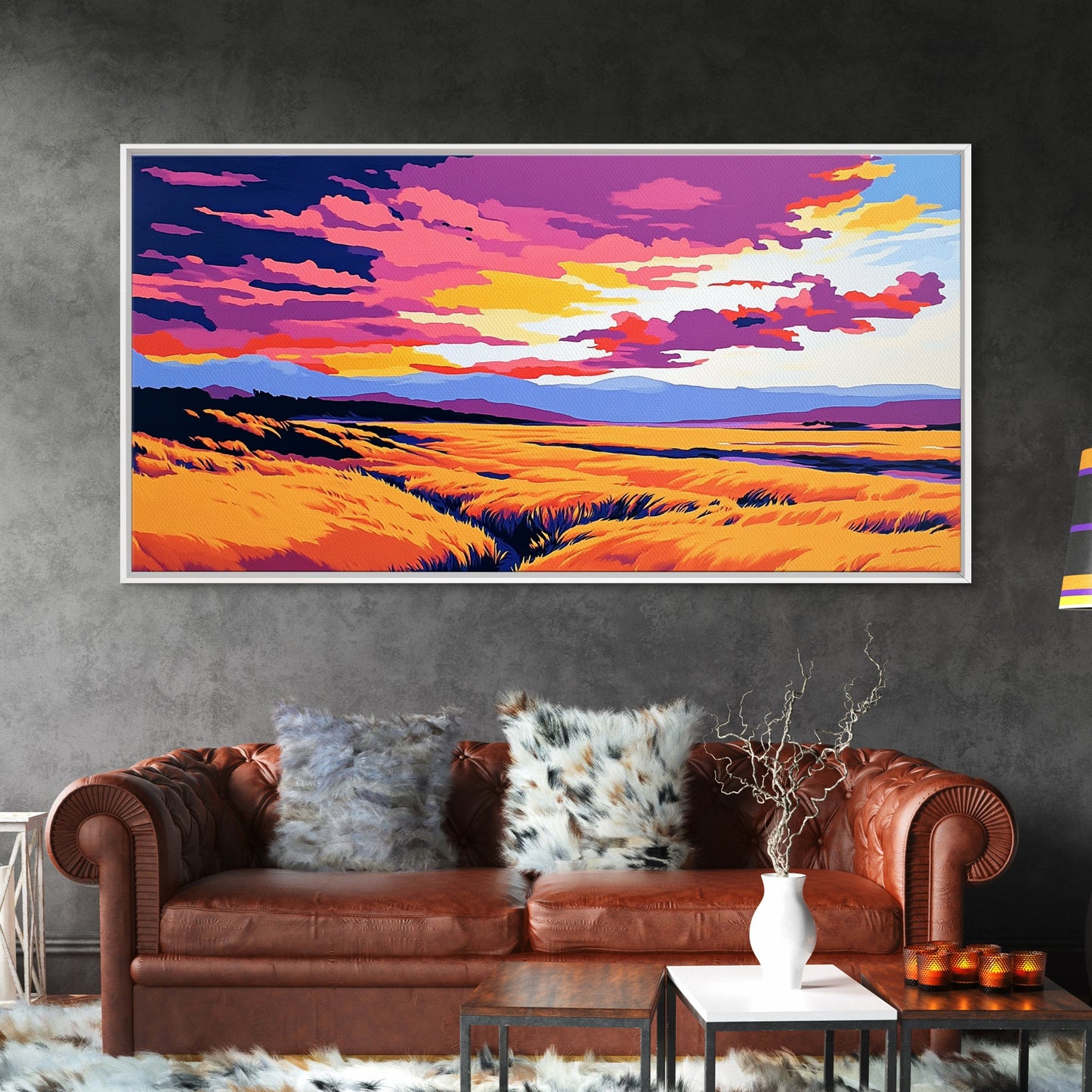Golden Meadow, landscape painting, farmhouse art, moody art, above bed wall art, wabi sabi art, extra wide art, framed canvas print
