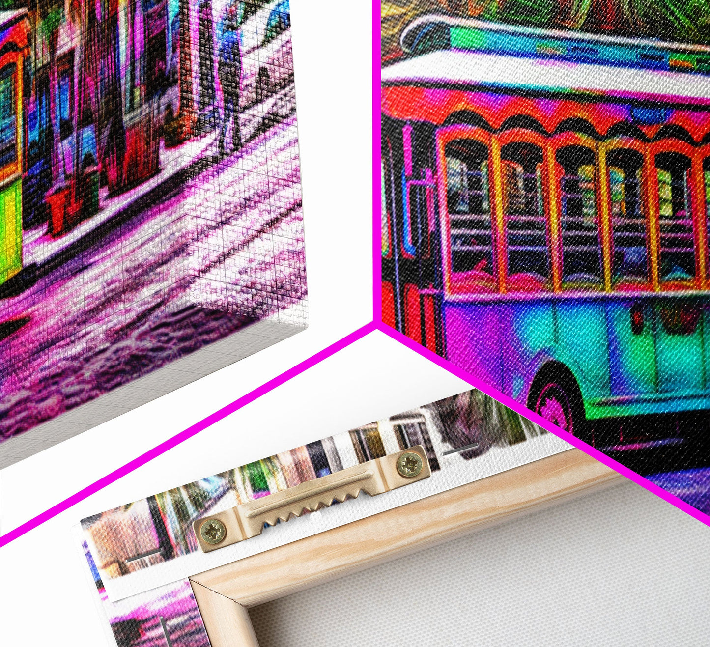 Colorful Vibrant Tram Wall Art, Palm Trees Art Print, Colored Pencil Sketch, Framed Canvas, Abstract Art, Panoramic, Wall Art, Canvas Print
