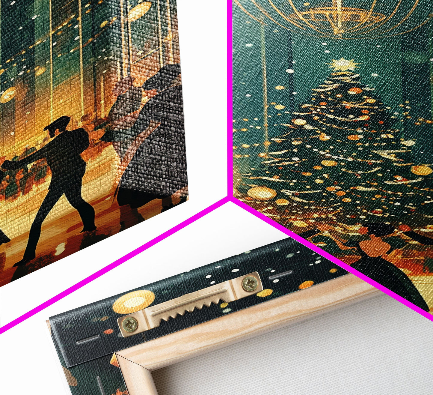 Elegant Ballroom Christmas Dance Scene with Holiday Lights and Decorations, Perfect Holiday Decor for Winter Wonderland, Framed Canvas Print