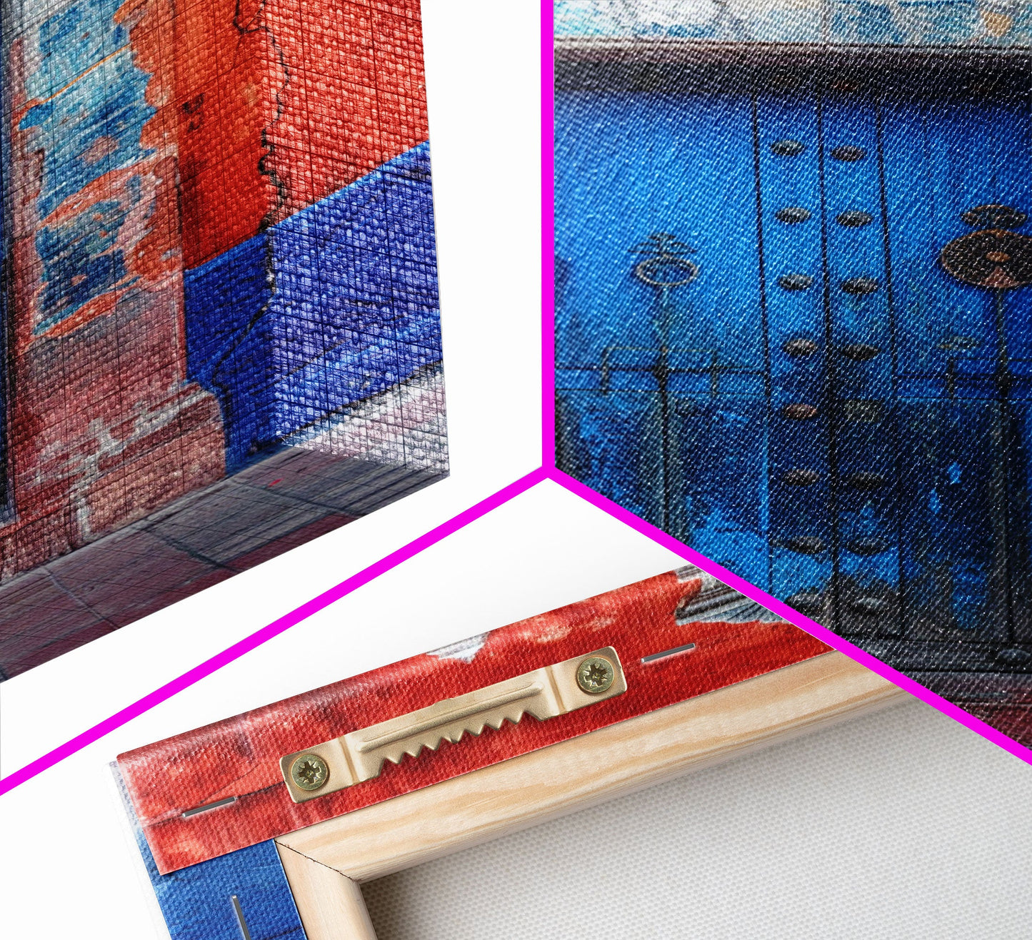 Tall Art Framed Canvas Print Of Mexican Style Blue Door And Red Walls With Vibrant Flowers