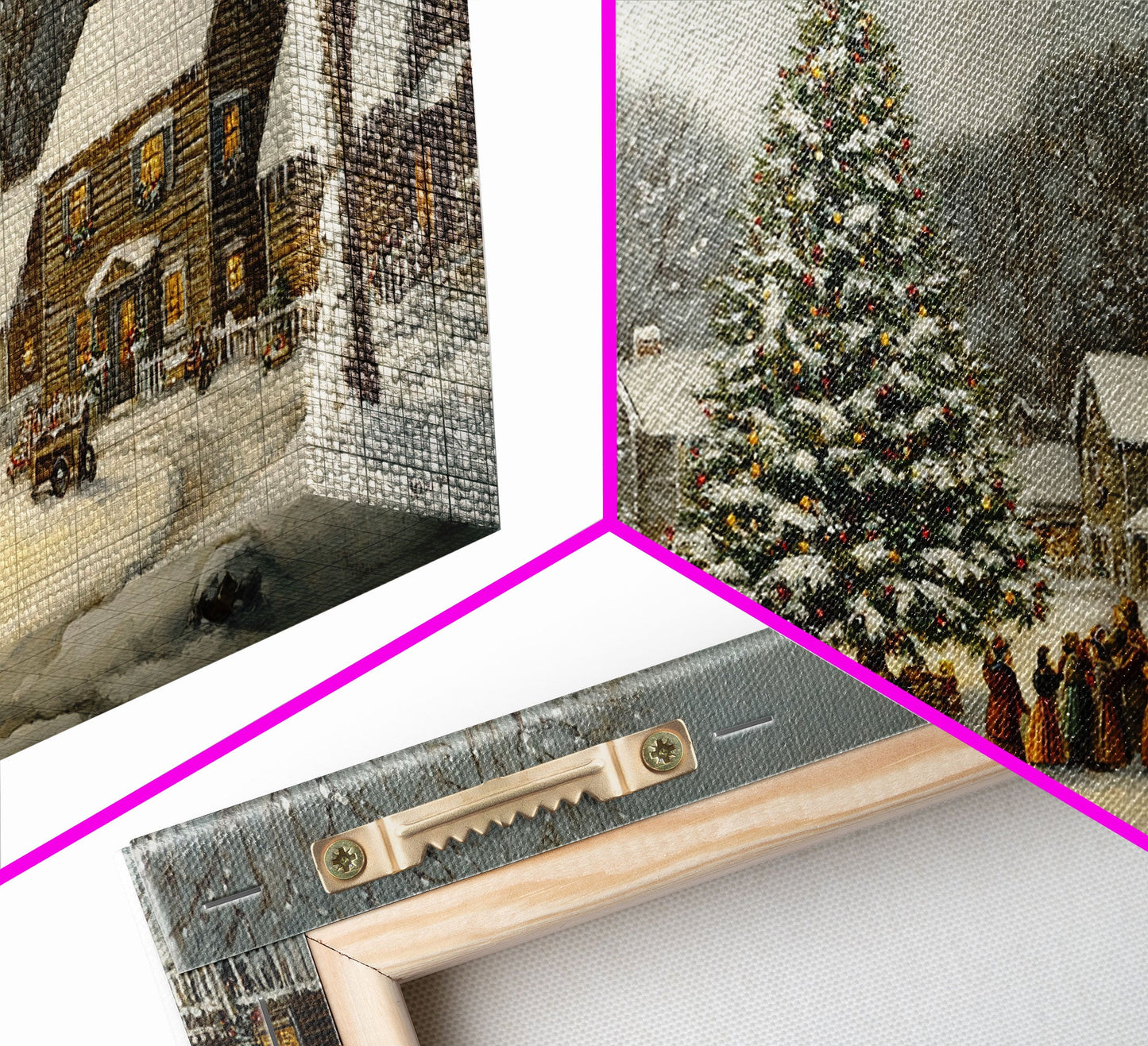 Large Christmas Tree In Snowy Village With Families, Winter Wonderland Holiday Wall Art, Framed Canvas Print, Rustic Christmas Decor