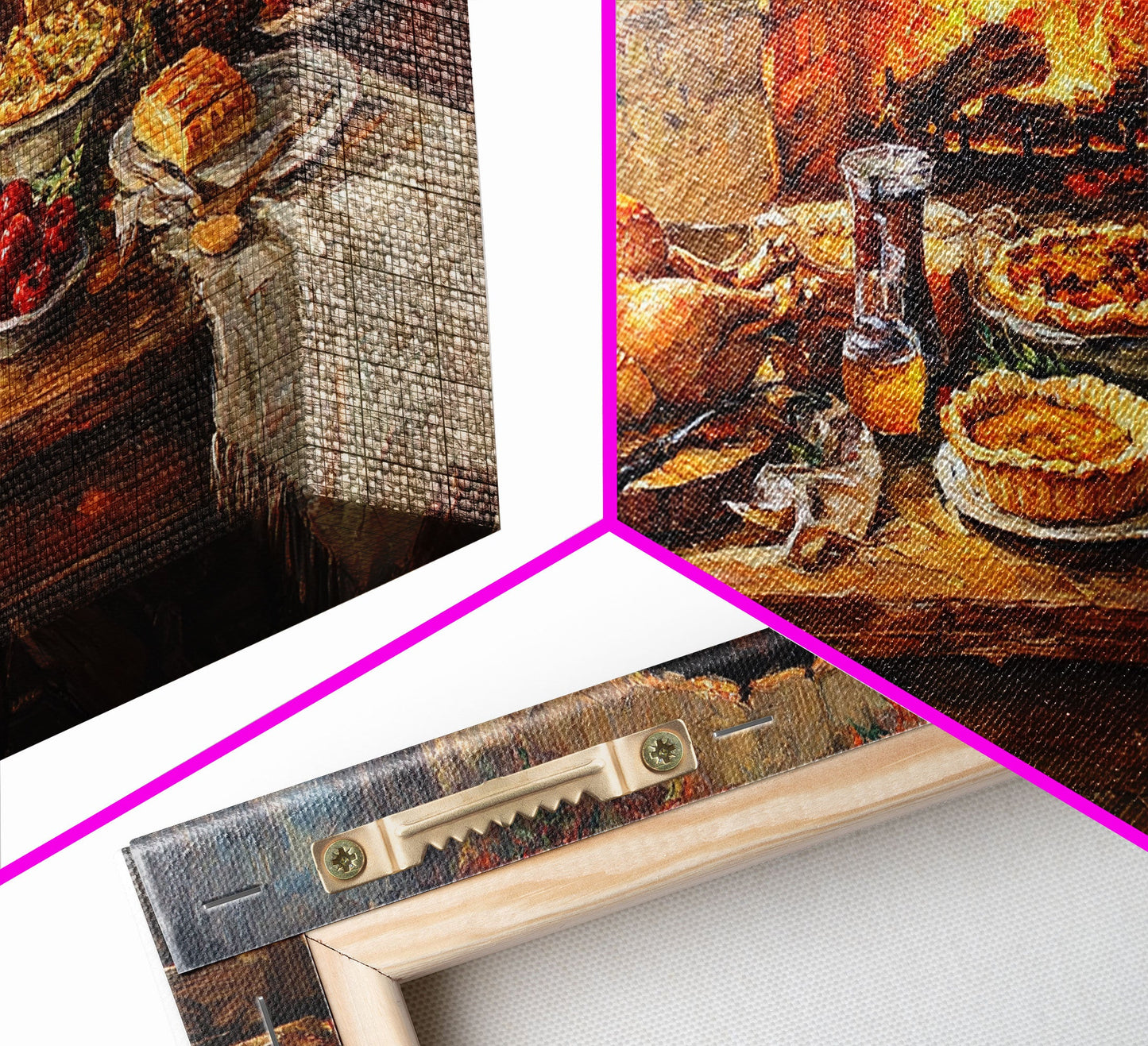 Cozy Thanksgiving Feast by Fireplace Framed Canvas Print Seasonal Wall Art, Rustic Fall Decor, Harvest Celebration Art Print for Home