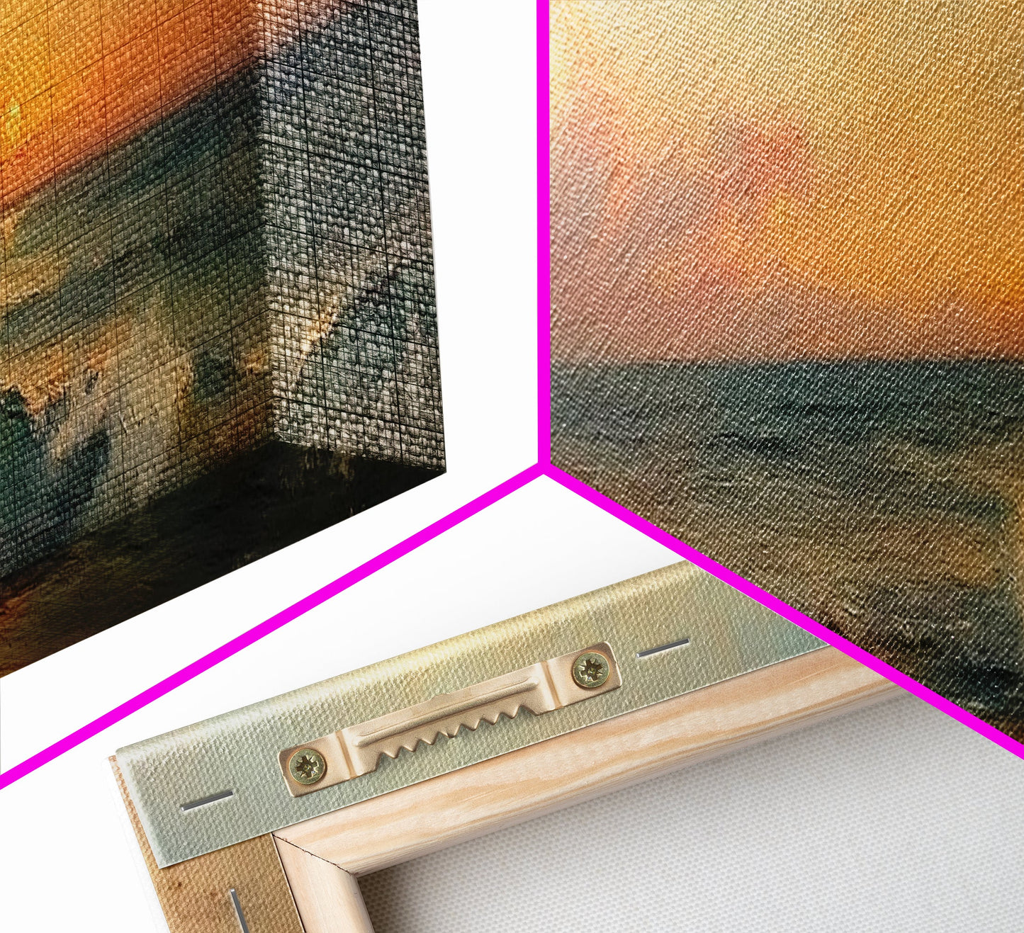 Ocean Waves Crash Into a Hidden Beach at Sunset, Framed Canvas Print, Panoramic Boho Seascape Painting