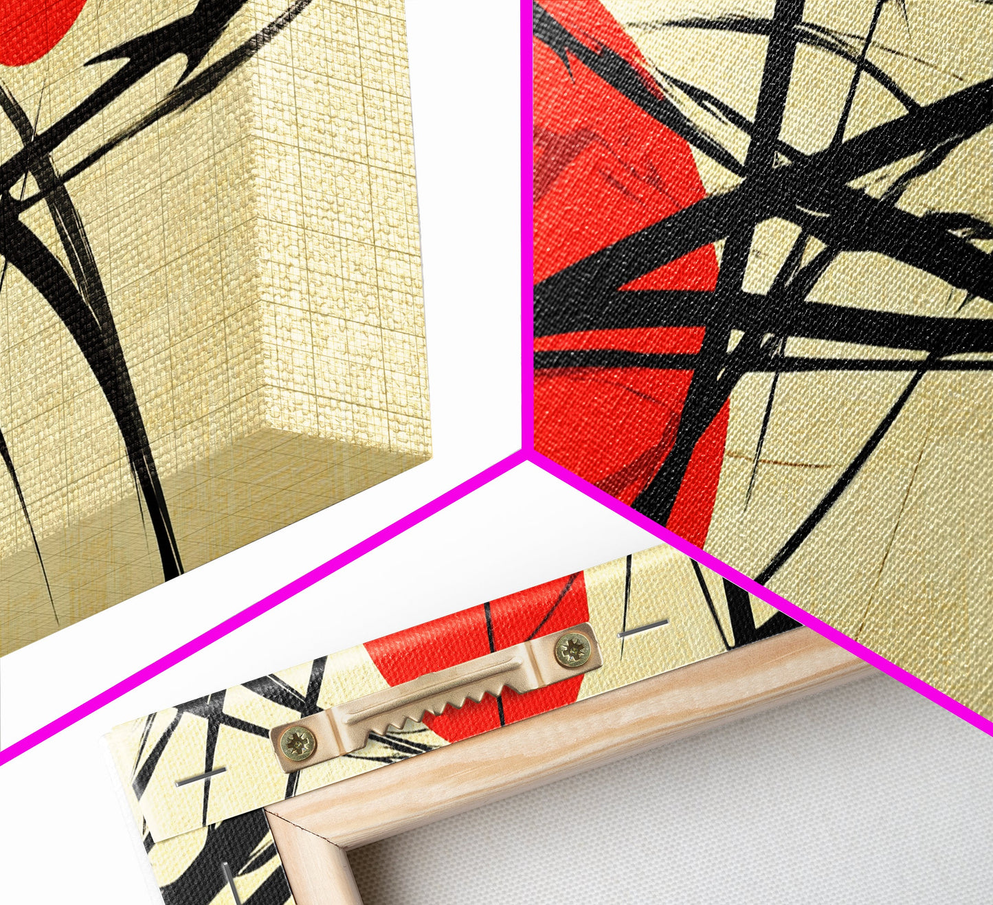 Sun Streaks - 3 Red Suns with Black Streams, Framed Canvas Print, MCM Style Geometric Abstract Wall Art