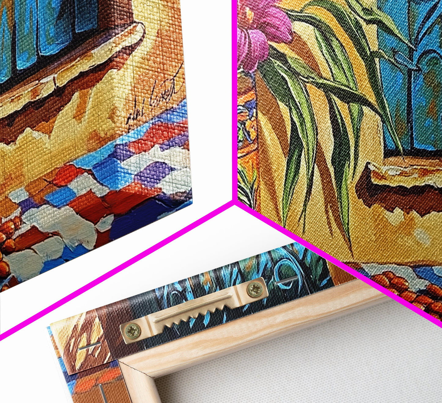 Flowers Pottery, Window, Still Life, Canvas Print, vibrant floral still life wall art, Mexican pottery, rustic kitchen décor