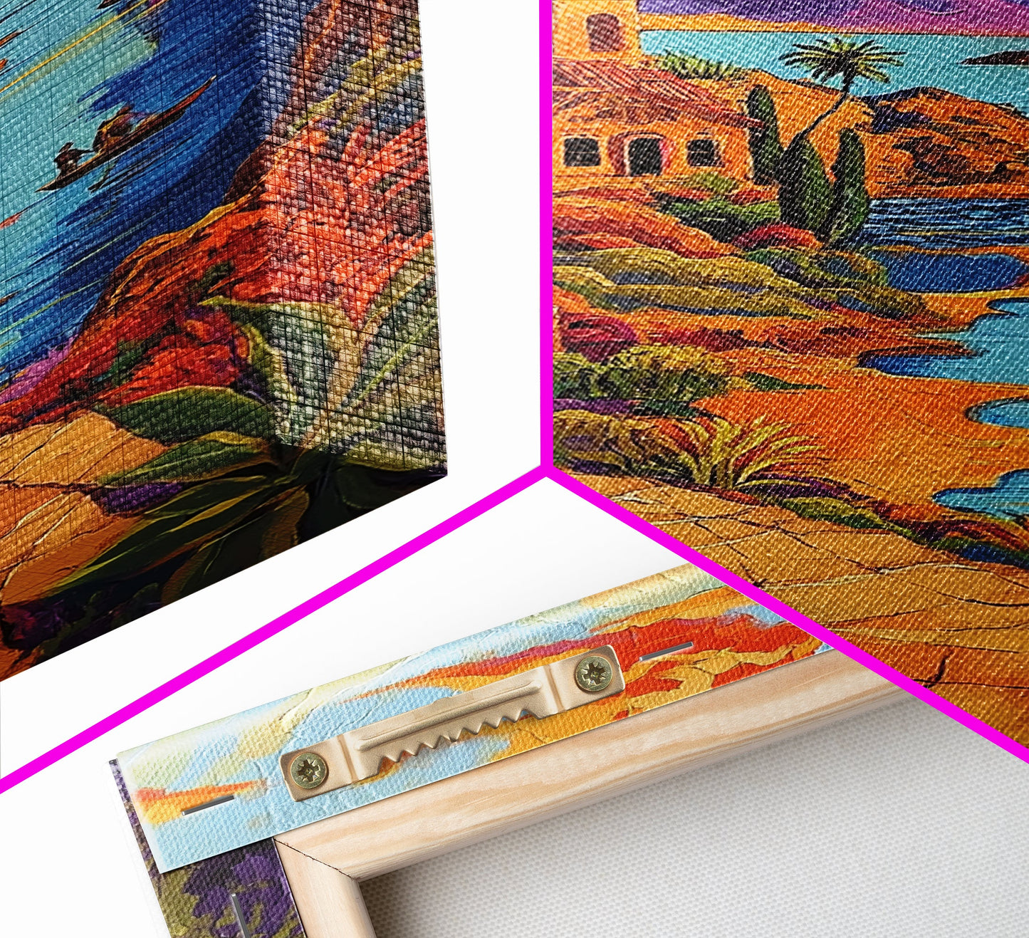 Coastal Village, Pathway, Sunset, Framed Canvas Print, Mediterranean coastal art, colorful landscape painting, boho living room wall decor