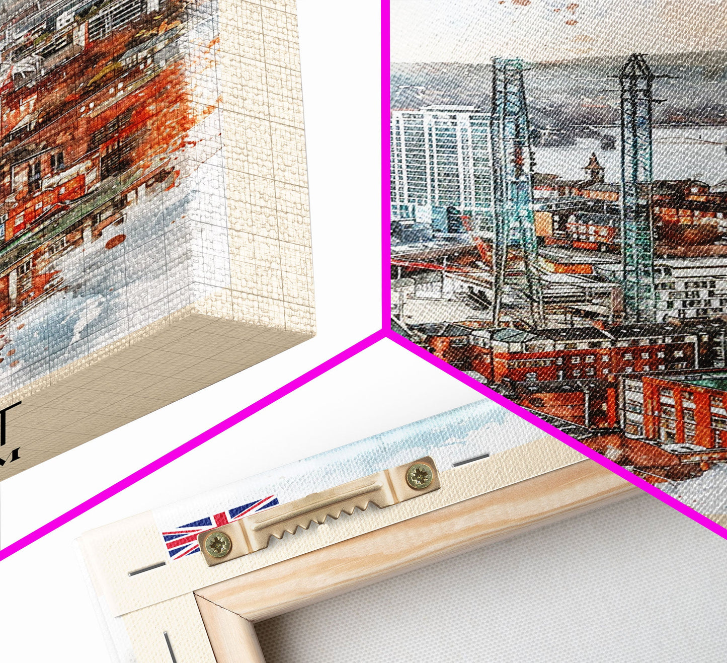 Belfast United Kingdom Travel Poster Framed Canvas Print, Wall Art, Living Room Art, Watercolor Painting, Original Art