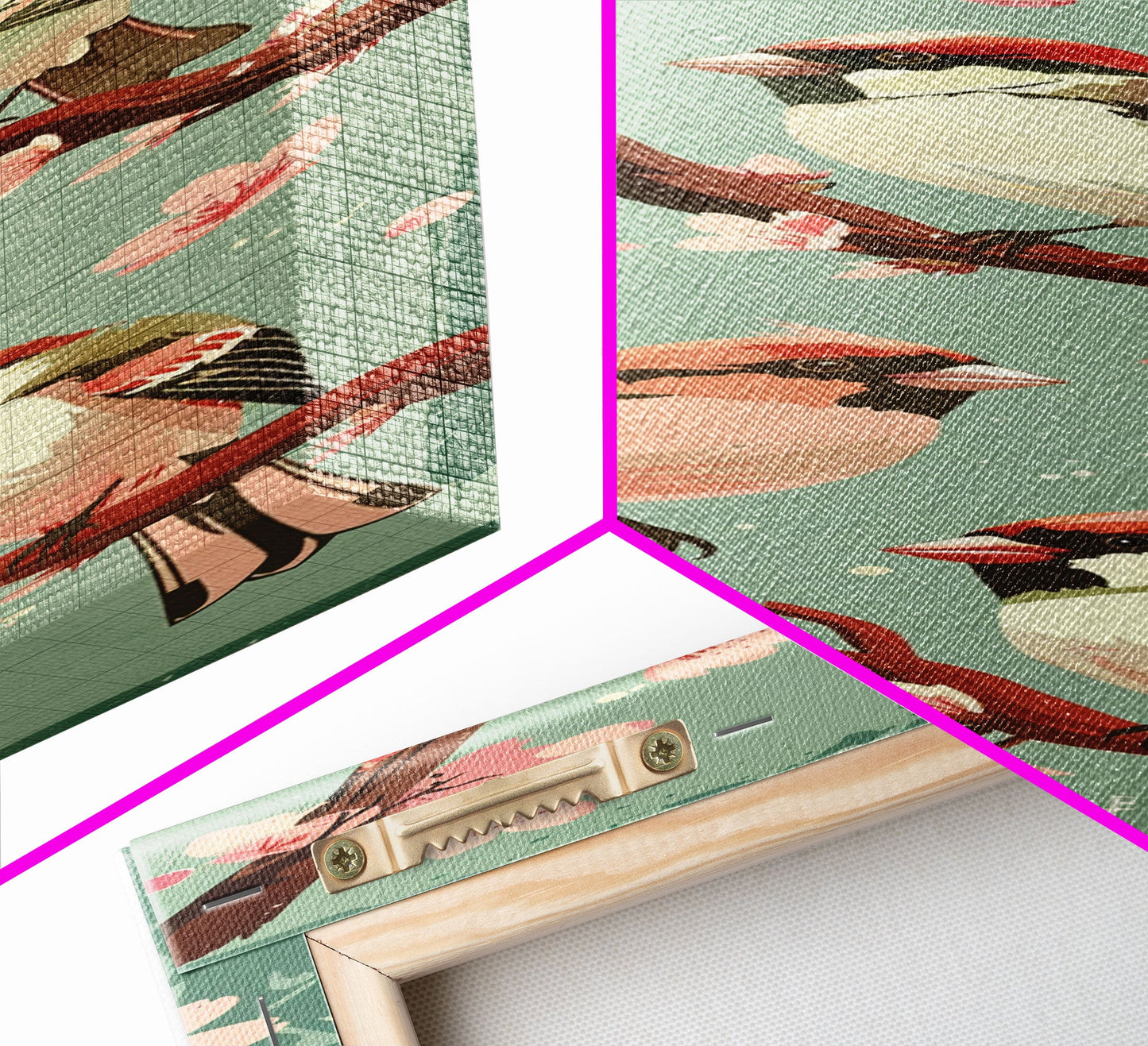 Delicate Sparrows Perched On Cherry Blossoms Under Full Moon Serene Nighttime Setting Captured Tall Framed Canvas Print Nature Scene