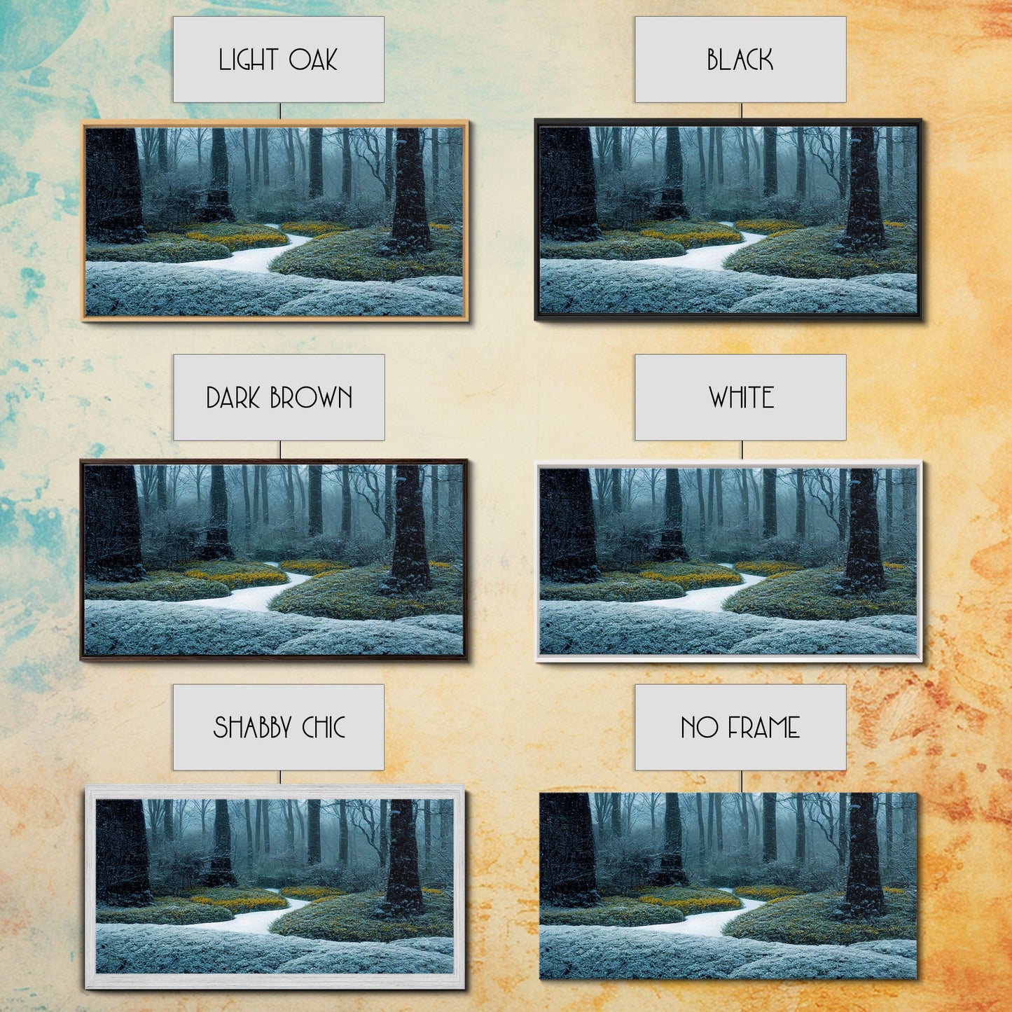 Cabin art, snow covered winter forest, winter vacation home art, framed canvas print, ready to hang framed wall art