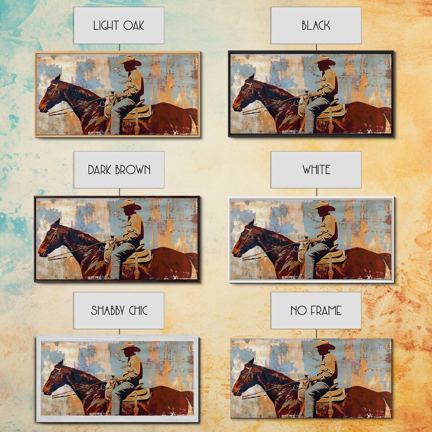 Cowboy on Horseback, Textured Background, Modern Living Room Art, Framed Canvas Print, Rustic Home Decoration, Boho Wall Art