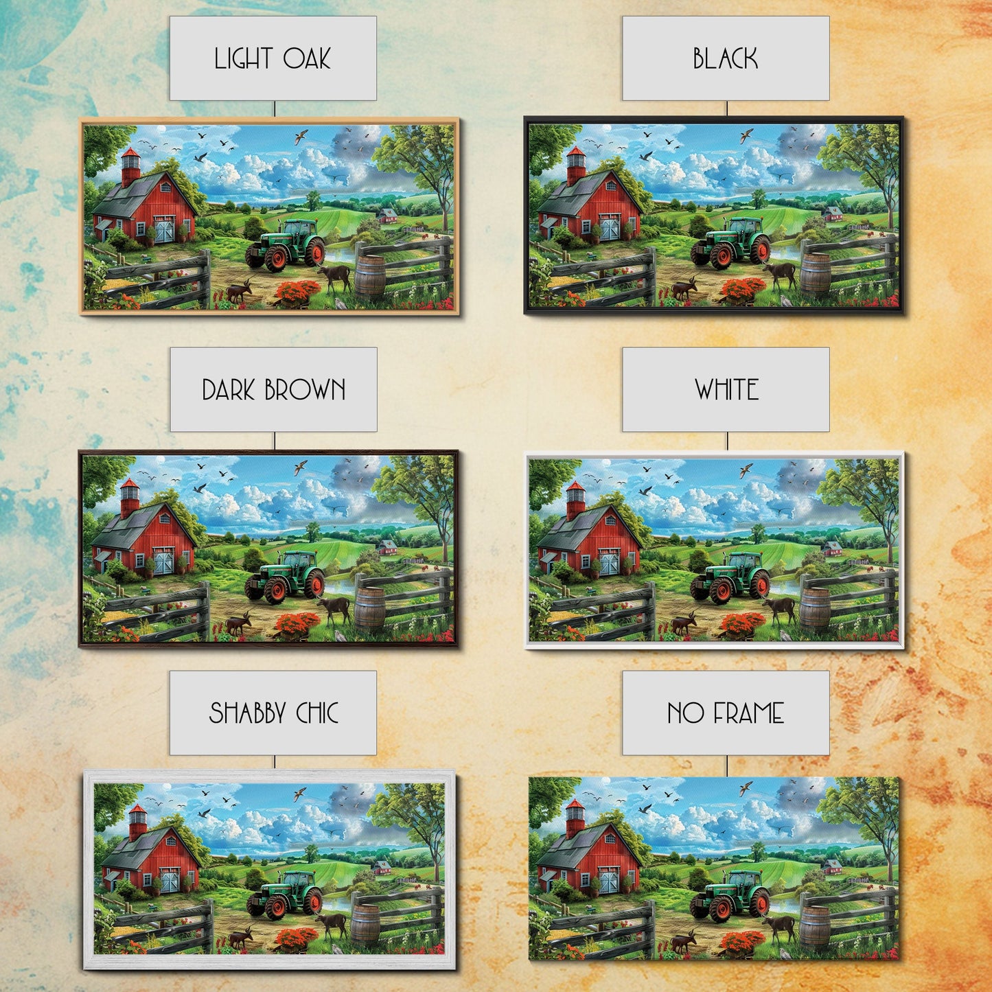 Green Tractor Near Red Barn in Countryside, Charming Farm Art, Framed Canvas Print, Country Living Room Decor, Wall Art