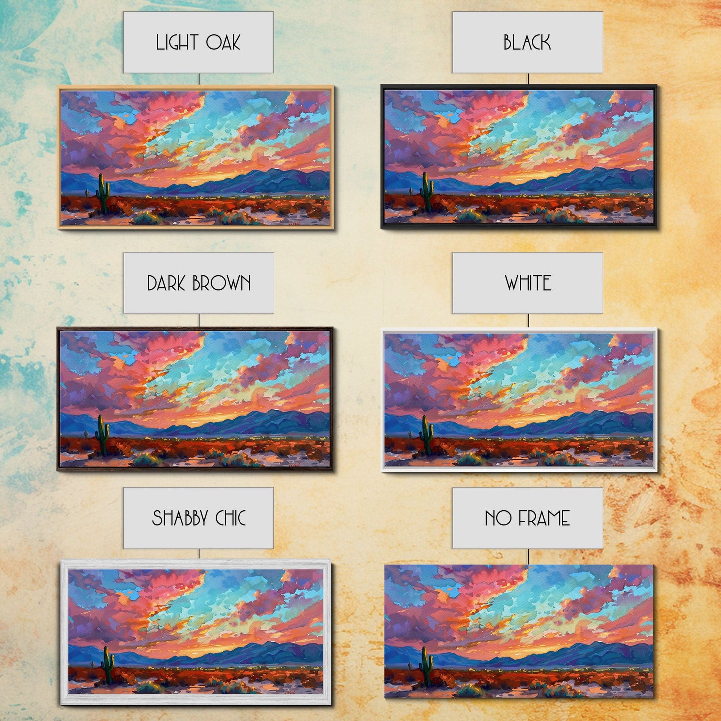 Road Through Desert at Sunset, Colorful Southwestern Art, Framed Canvas Print, Boho Wall Decor, Rustic Living Room Art, Desert Scene