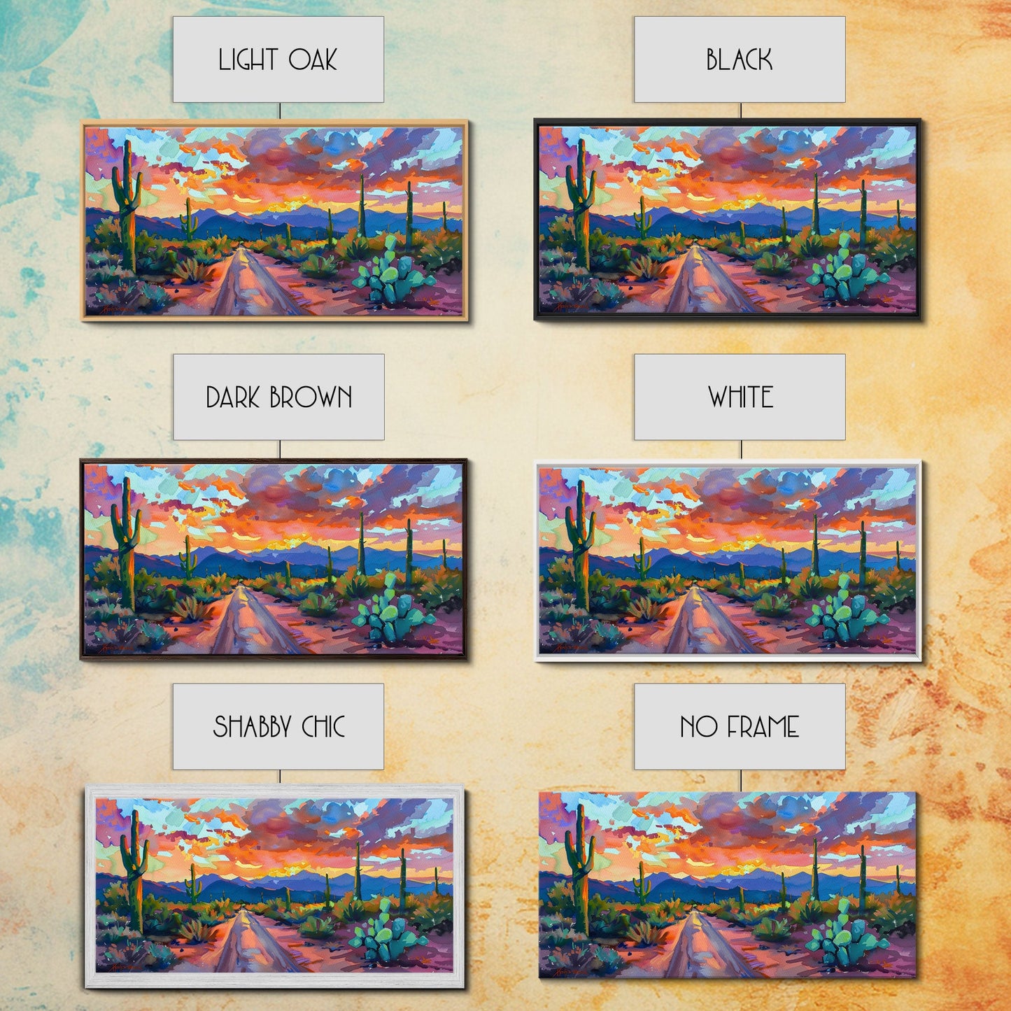 Cacti and Mountains Under Sunset Sky, Vibrant Southwestern Landscape Art, Framed Canvas Print, Boho Living Room Decor, Desert Scene