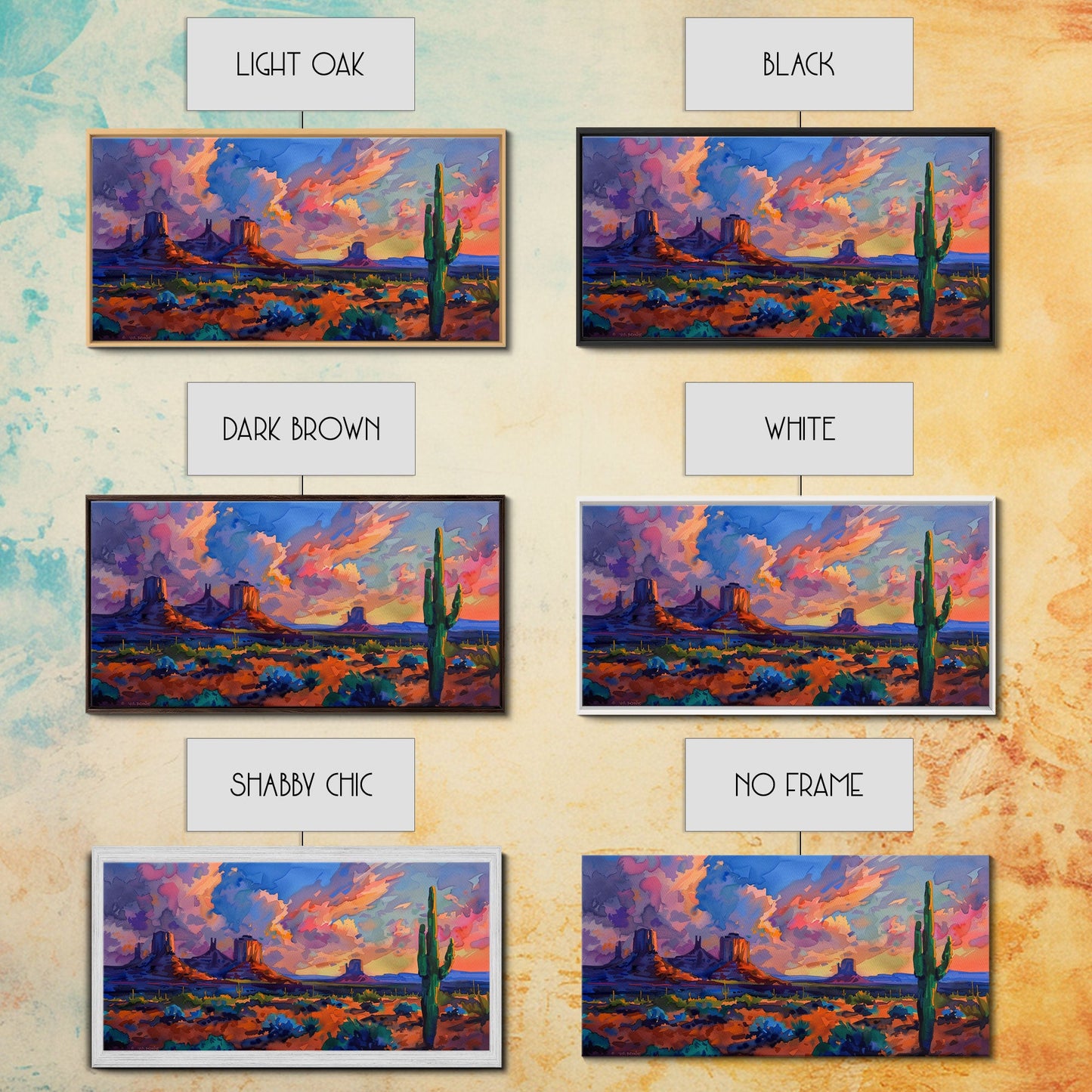 Radiant Mountain Sunset with Saguaro Cacti, Framed Canvas Print for Living Room Art, Perfect for Boho and Southwestern Decor