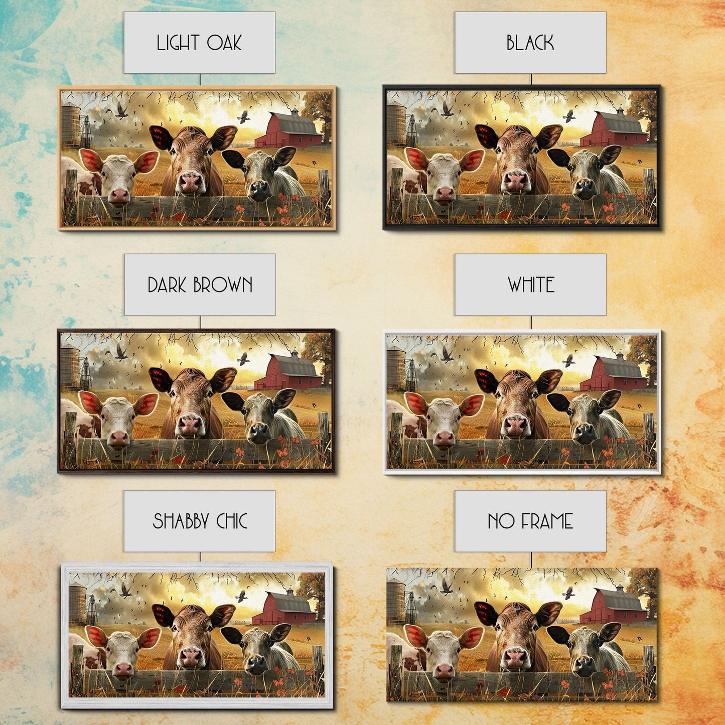 Cute cows peeking through barn fence, Framed Canvas Print, ideal for farmhouse living room, country style wall art decor