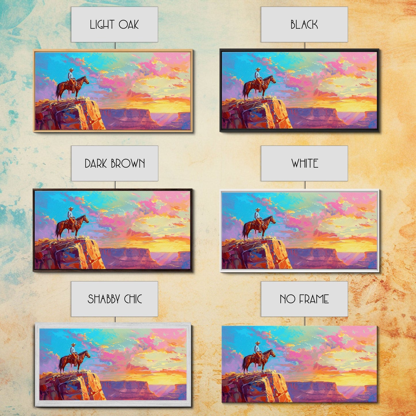 Cowboy Watching Sunset Over Canyon, Farmhouse Style Framed Canvas Print for Living Room Wall Art, Vibrant Home Decor, Western Landscape