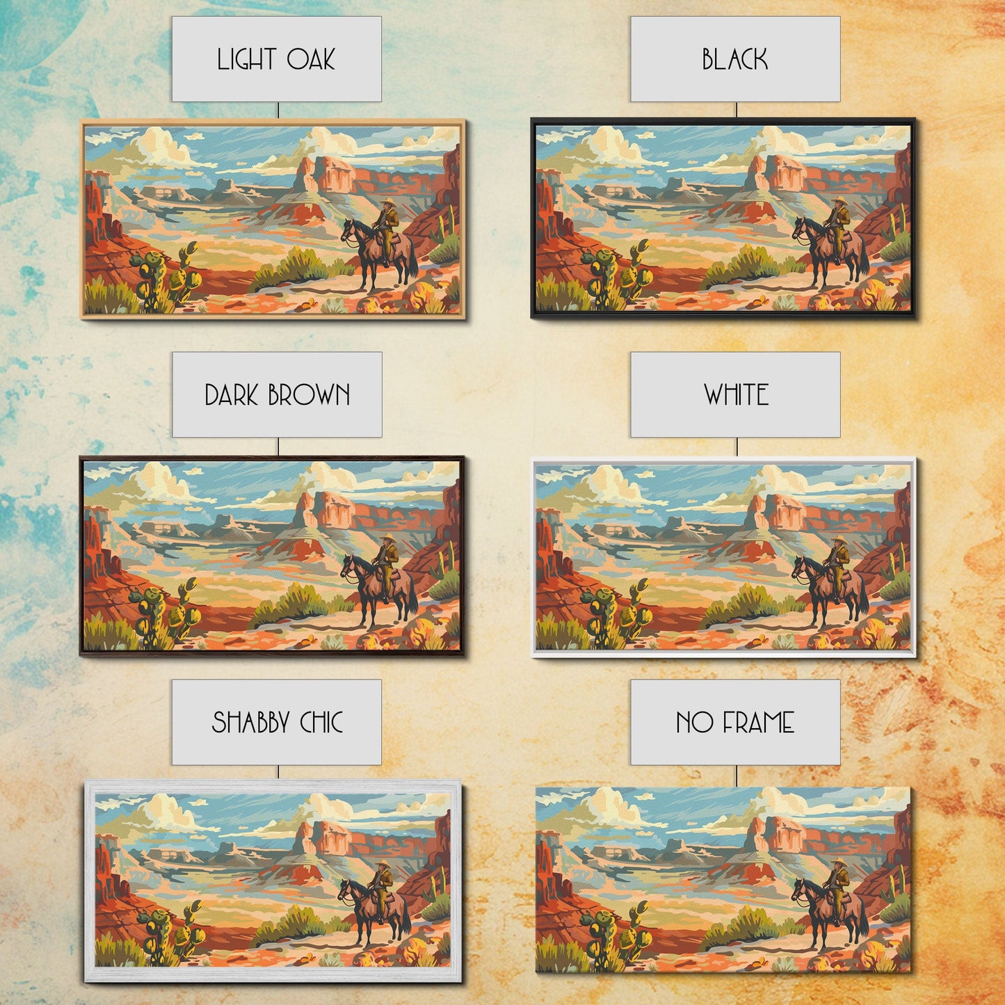 Cowboy Riding through Canyon, Framed Canvas Print for Rustic Living Room Decor, Western Art for Home and Bedroom Decoration