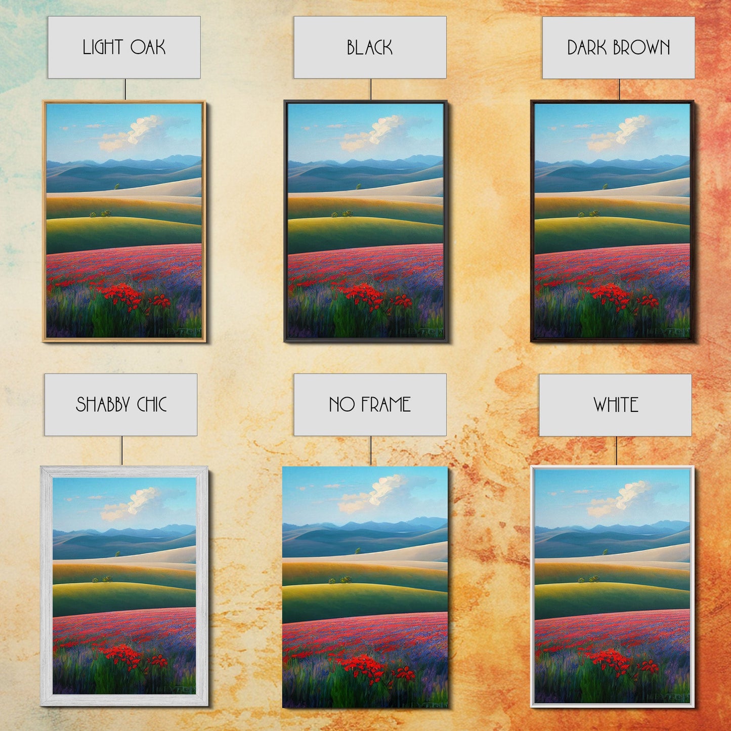 Colorful rolling hills, flower fields, landscape art, 3 piece wall art, 3 piece canvas, cool centerpiece living room wall art