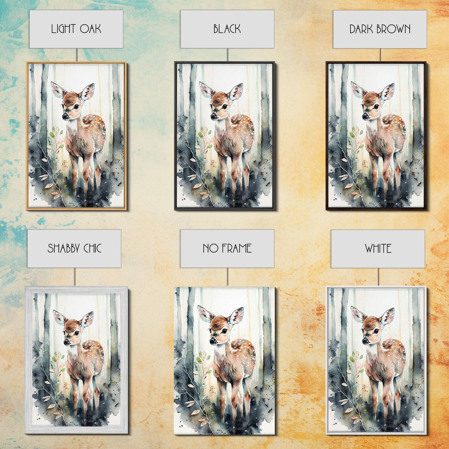 Watercolor portrait of a deer fawn, framed canvas print