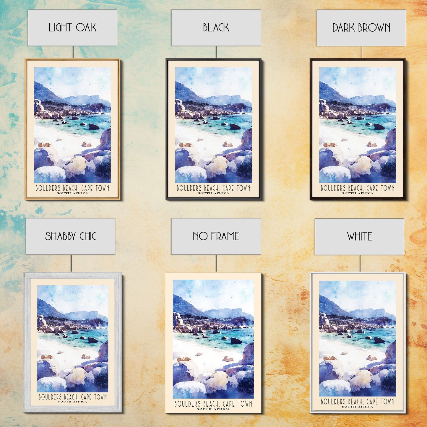 Boulders Beach, Cape Town, South Africa Watercolor Print, Vacation Gift, South Africa Wall Art, Beach Painting, Beach Decor, Large Wall Art, Wood Frame Art