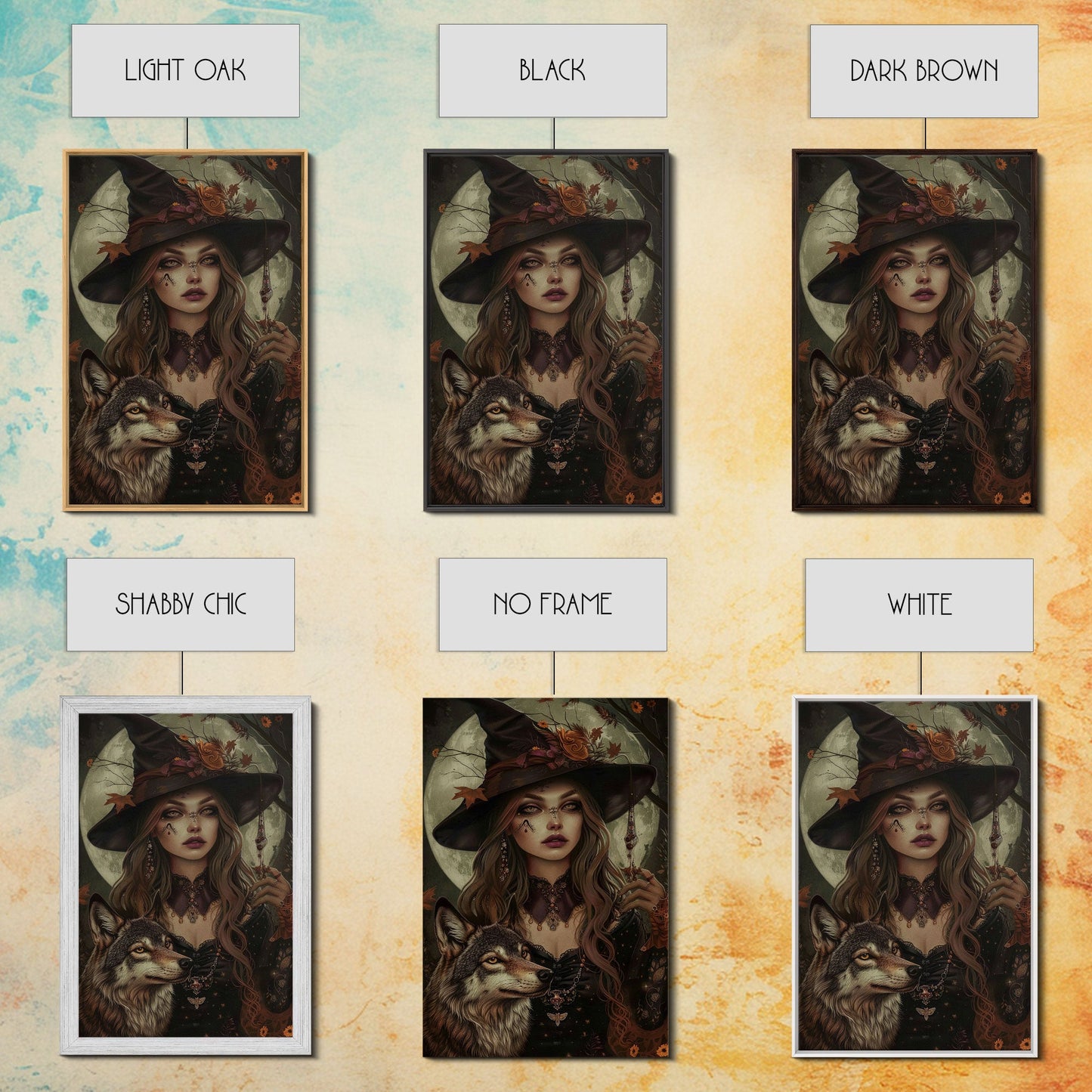 Die Hexe und der Wolf, Gruseliges Halloween-Wandbild, gerahmter Leinwanddruck, Gruselsaison, Hexenbild, Halloween-Dekoration und -Kunst, Saisonales