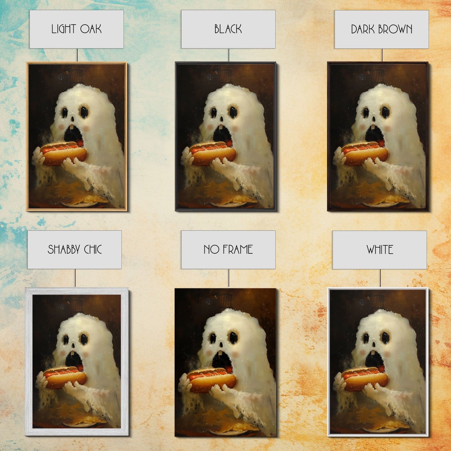 Ghostly Hot Dog Thief, Cute Lil Ghost Eatin' a Dog, The Hot Dog Ghost, Haunted Hot Dog Thief, Framed Canvas Print, Halloween Art