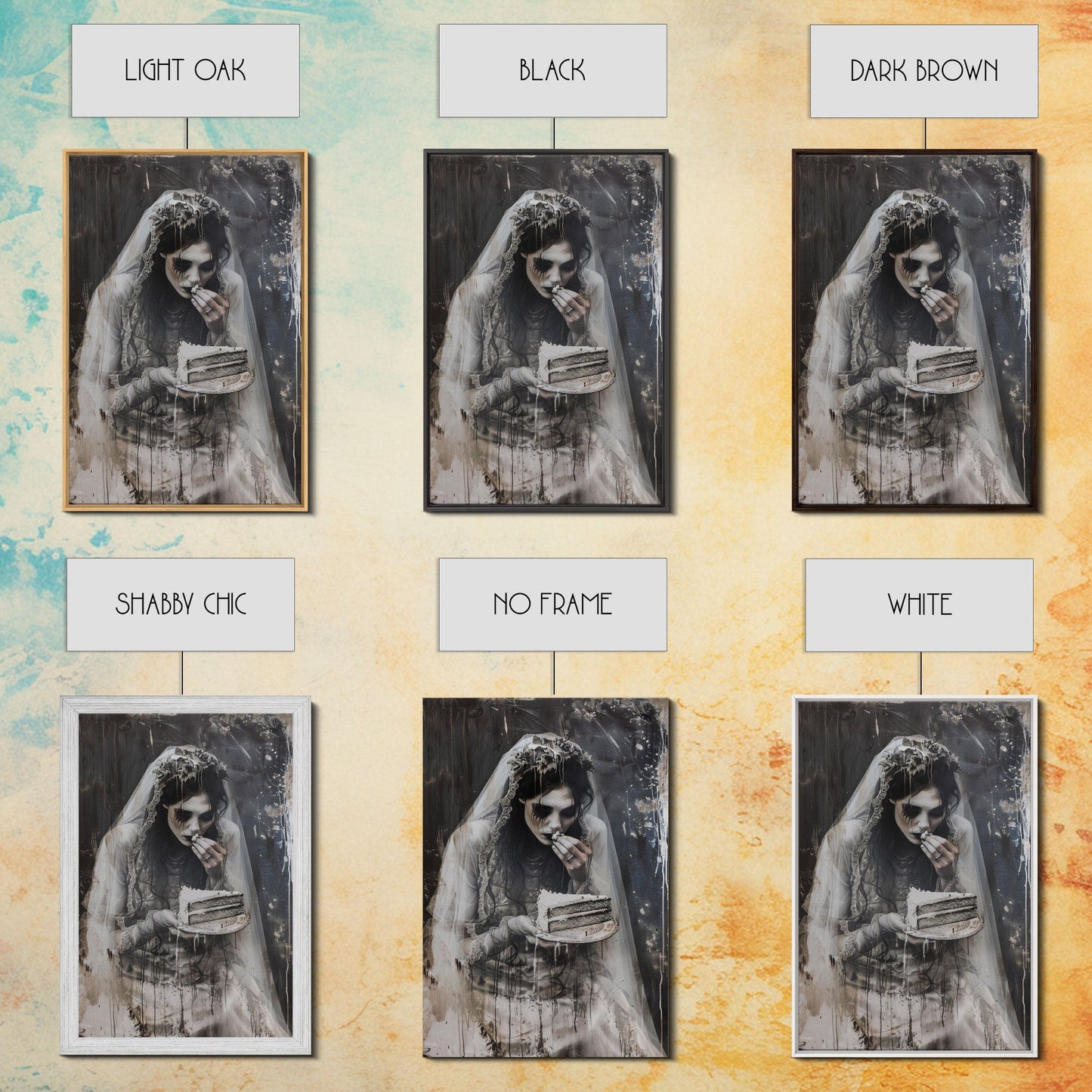 Melancholic Ghost Bride Having A Slice of Birthday Cake, Framed Canvas Print, Halloween Decor