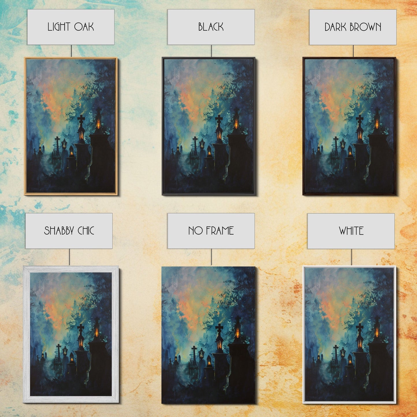 Haunted Cemetery Framed Canvas Print, Halloween Wall Art, Gothic Graveyard Art, Spooky Lantern Decor, Cemetery Lights, Horror Home Decor