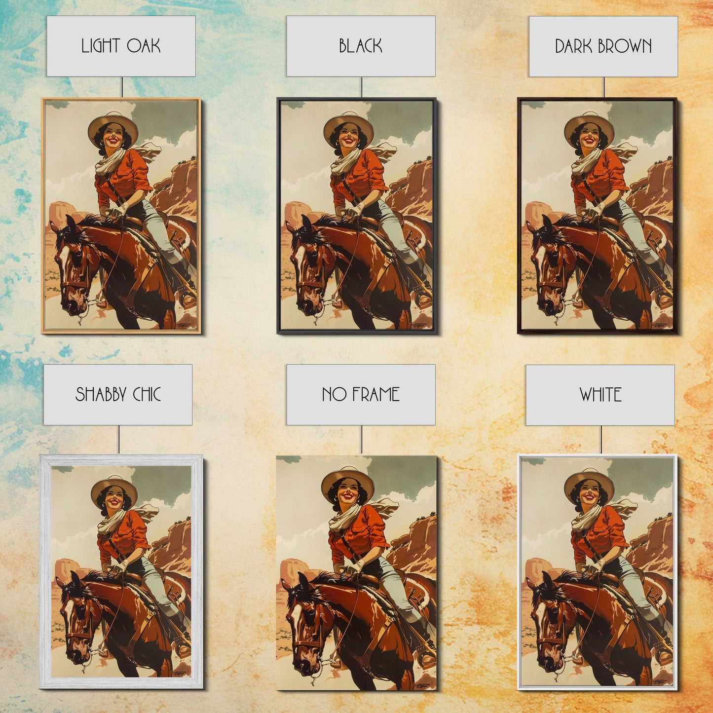 Smiling Cowgirl Riding Through Desert | Framed Canvas Print | Western Wall Art | Living Room Decor | Rustic Home Decor