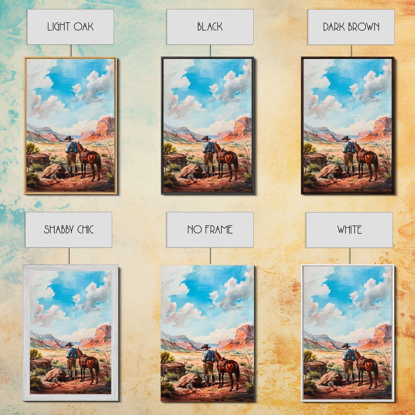 Cowboy and Horse Desert Scene Art - Framed Canvas Print, Western Living Room Decor, Cowboy Wall Art, Desert Home Decoration