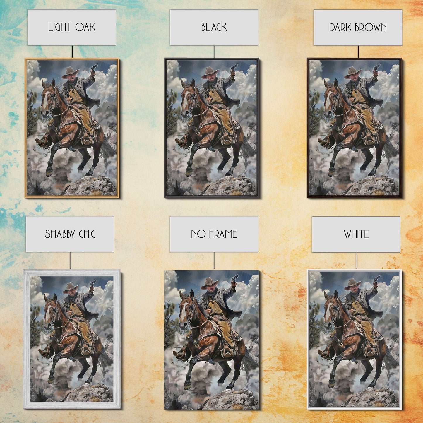 Framed Canvas Print, Cowboy Riding Horse with Gun Wall Art, Western Style Artwork for Living Room or Bedroom Decor, Dynamic Home Art Piece