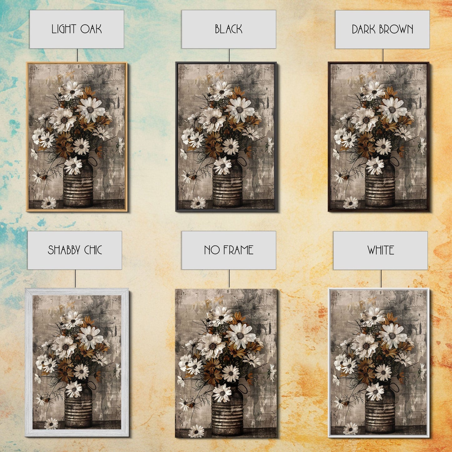 Rustic metal vase with daisies against a distressed background Framed Canvas Print - floral art, farmhouse decor, rustic wall art