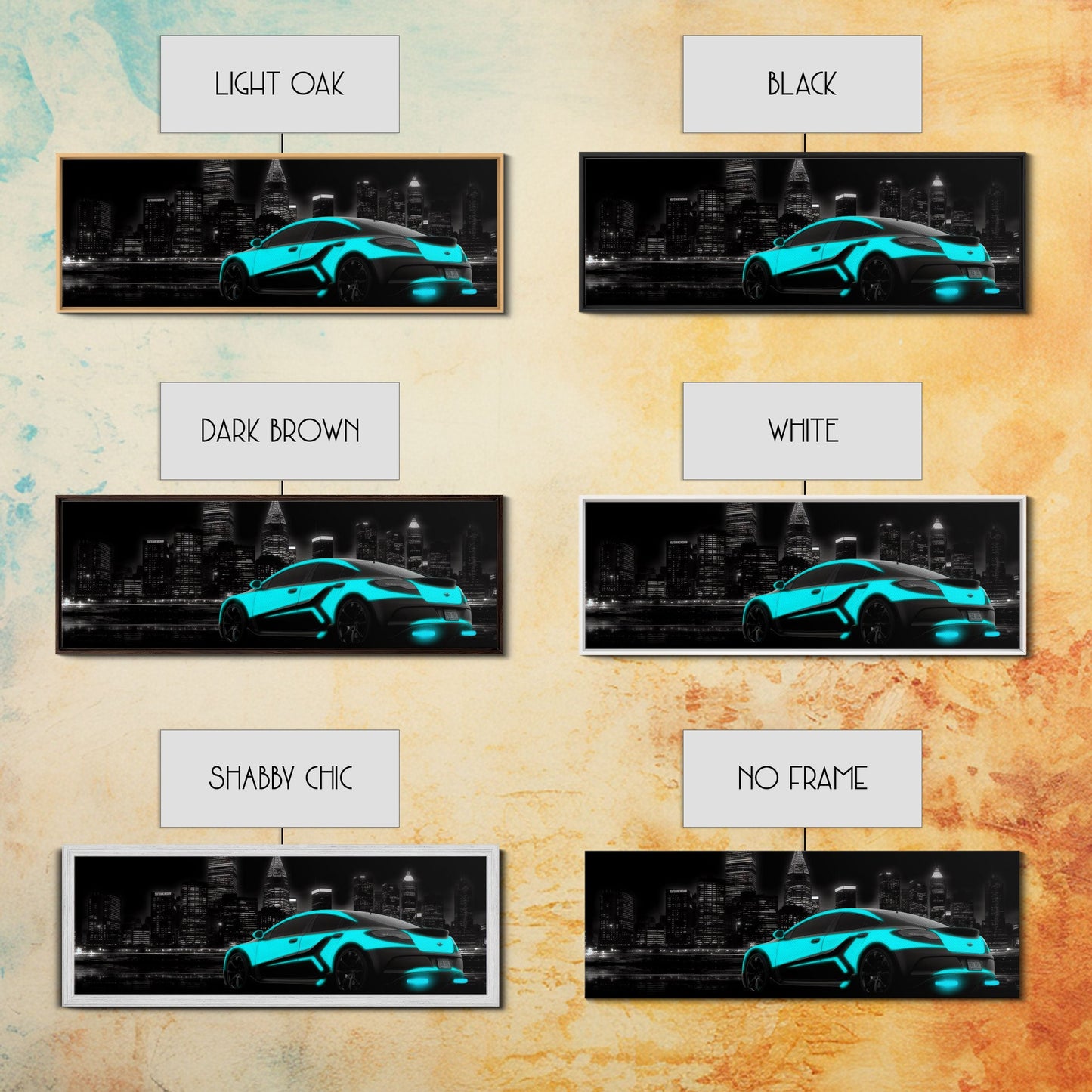 City Skyline Wall Art, Teal Sports Car, Abstract Urban Art, Cityscape Art, Dark Night Large Urban Art, Panoramic, Wall Art, Canvas Print