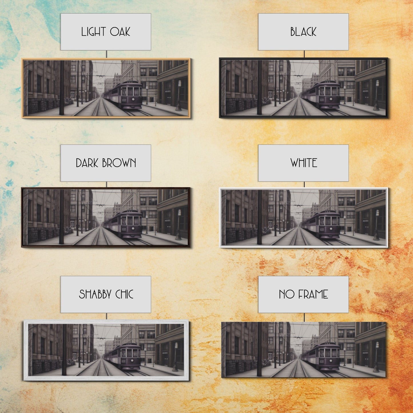 Straßenbahn-Kunstdruck, Lila Zug, Perspektivische Kunst, Stadtbild, Urbaner Leinwanddruck, Panorama, Wandkunst, Leinwanddruck