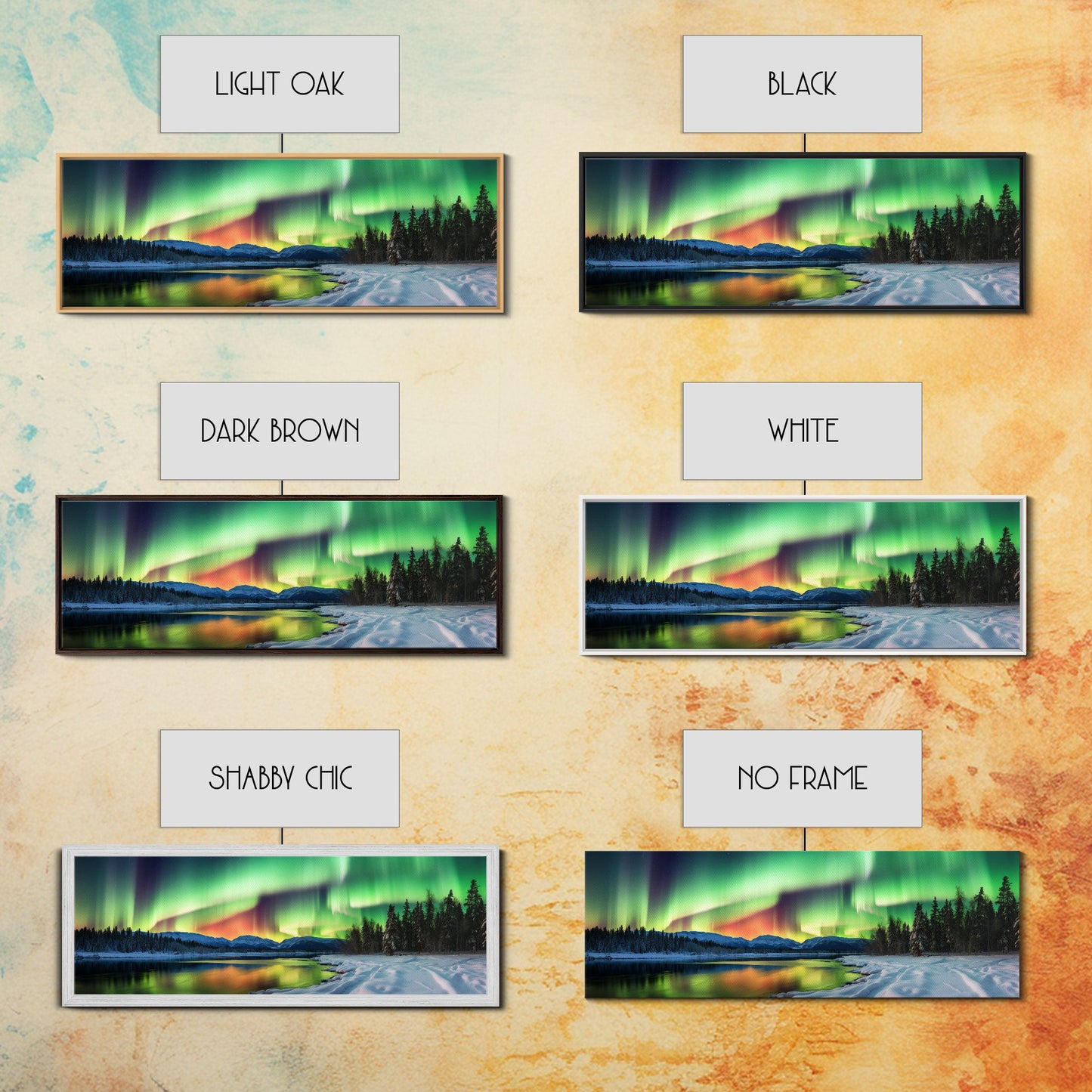 Aurora Borealis, Northern Lights Panoramic Framed Canvas Print, Beautiful Winter Wonderland Landscape Painting