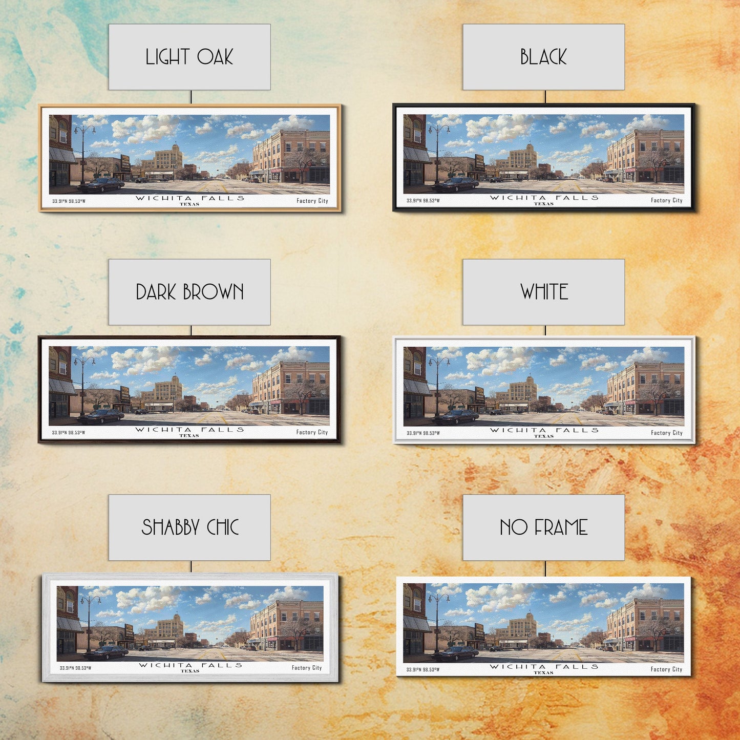 Panoramagemälde von Wichita Falls, Texas, gerahmter Leinwanddruck, Reiseposter im Retro-Stil, einzigartige Wohndekoration, künstlerische Wandgestaltung fürs Büro