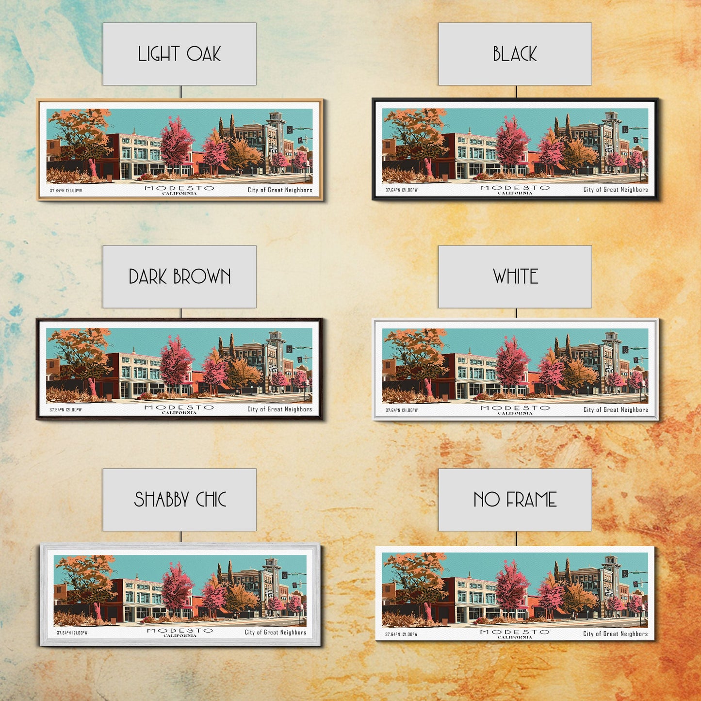 Modesto California Panoramic Wall Art, Mid Century Modern Framed Canvas Print, Retro Pop Art Travel Poster, Office Decor, Living Room Art