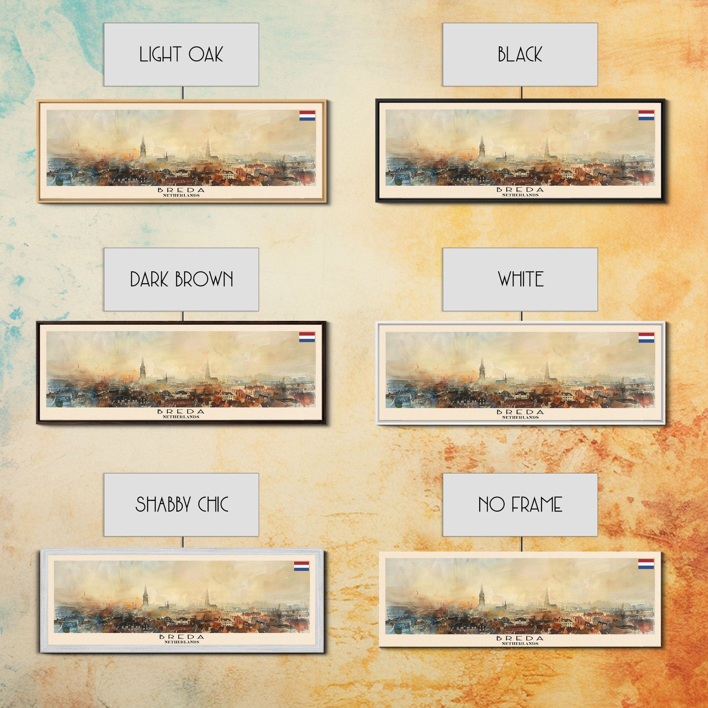 Breda Netherlands Panoramic Travel Poster, Framed Canvas Print or Metal Wall Art, Travel Art, Home Decor, Panoramic Painting, Midcentury Art