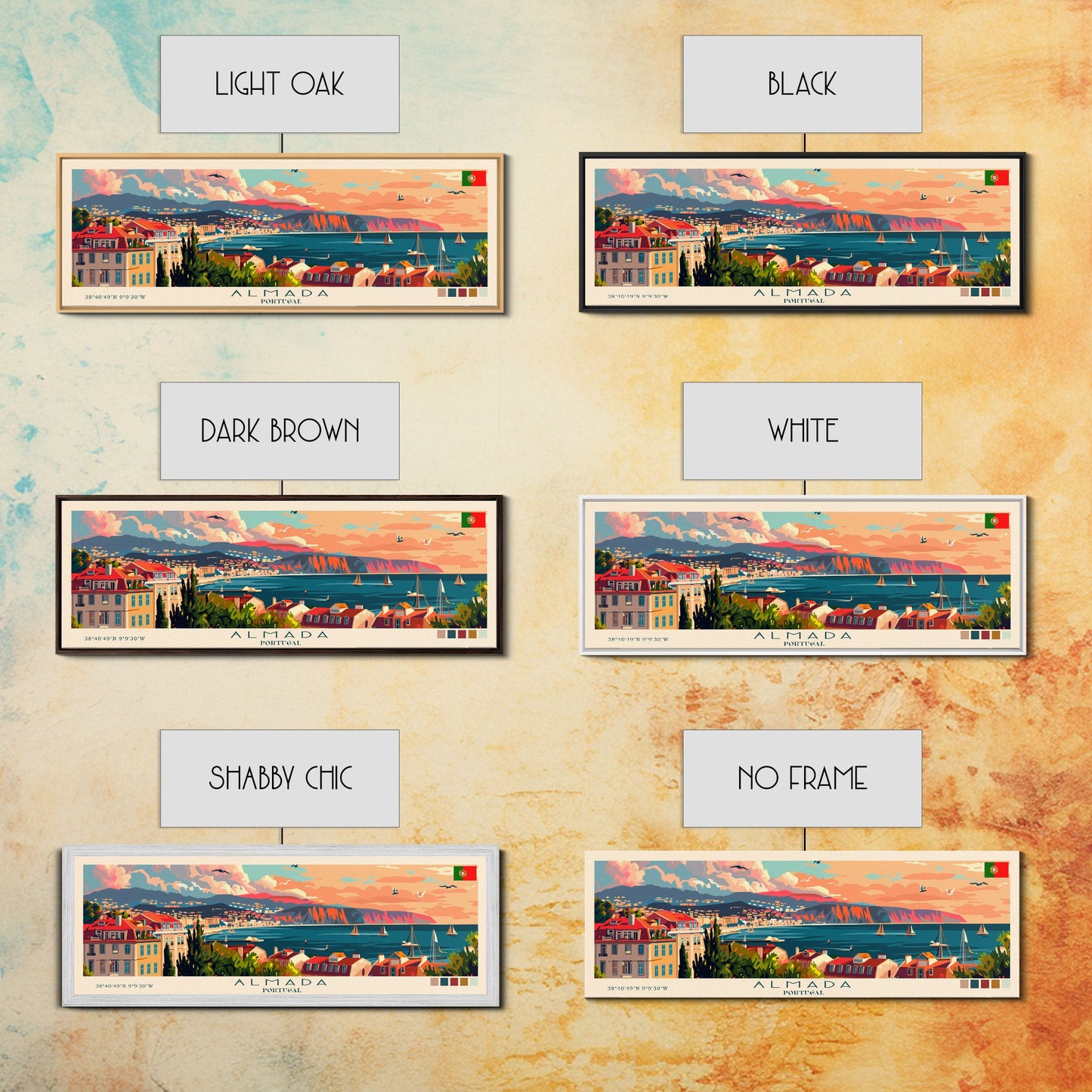 Almada Portugal Travel Art, City Art, Framed Canvas Print or Metal Wall Art, Europe Travel Poster, Panoramic Wall Art, Extra Wide Wall Art