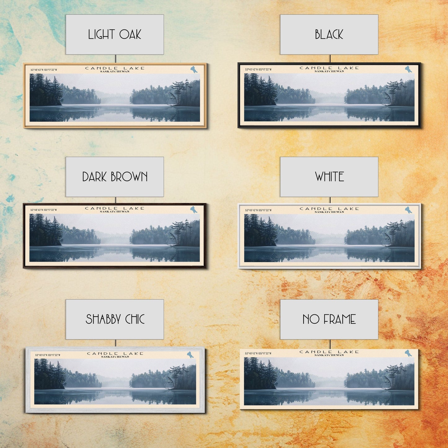 Candle Lake Framed Canvas Print, Panoramic Lake House Decor, Wall Art, Travel Poster, Rustic Lake Painting, Home Decor