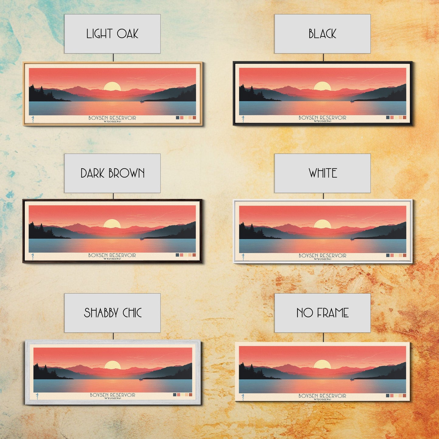 Boysen Reservoir Wyoming Framed Canvas Print, Panoramic Travel Poster, Midcentury Modern Wall Art, Pop Art, Nature Bedroom Decor, Scenic Lake House Art