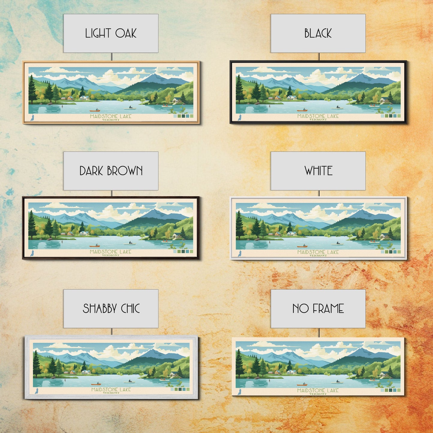 Panorama-Wandbild „Maidstone Lake, Vermont“ – gerahmter Leinwanddruck im Midcentury-Modern-Stil, Pop-Art-Stil, Wohndekoration, Reiseposter, Schlafzimmerkunst