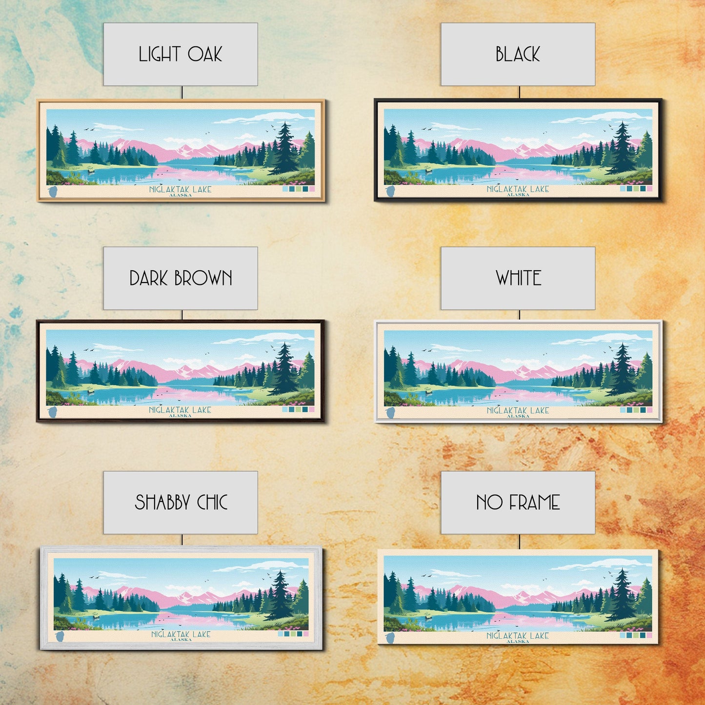 Niglaktak Lake, Alaska Framed Canvas Print, Panoramic Wall Art, Midcentury Modern, Pop Art, Home Decor, Travel Poster, Bedroom Art