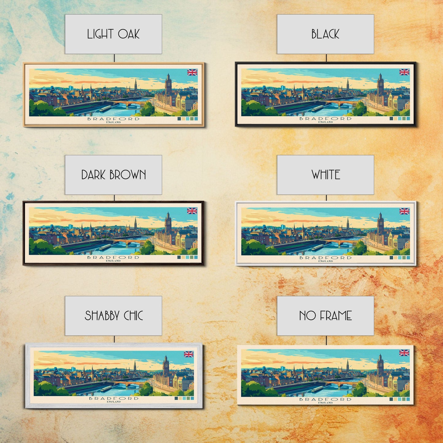 Bradford, England Panoramic Travel Poster Canvas Print, Bradford, England Painting, England Art, Bradford Travel Art, Guest Room Painting